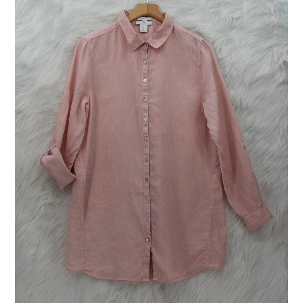Halston 100% Linen Button Up Shirt Women's L Pink Tunic Minimal Coastal Layering